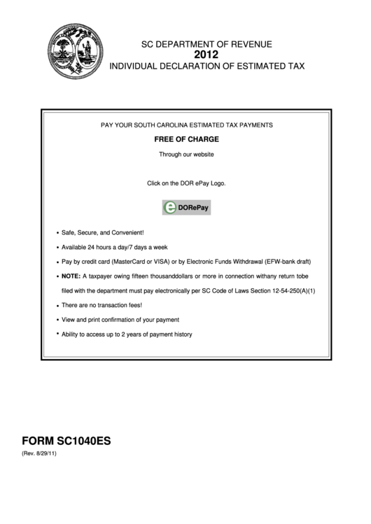 Form Sc1040es - South Carolina Individual Declaration Of Estimated Tax - 2012 Printable pdf