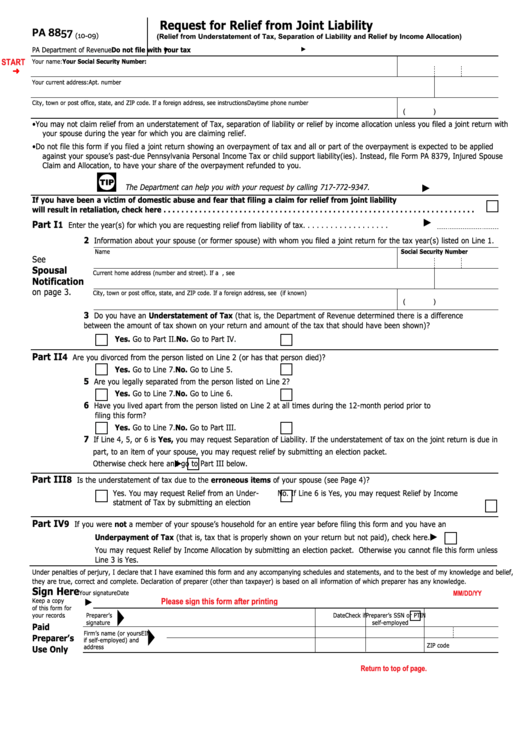 Fillable Pa Form 8857 - Request For Relief From Joint Liability Printable pdf