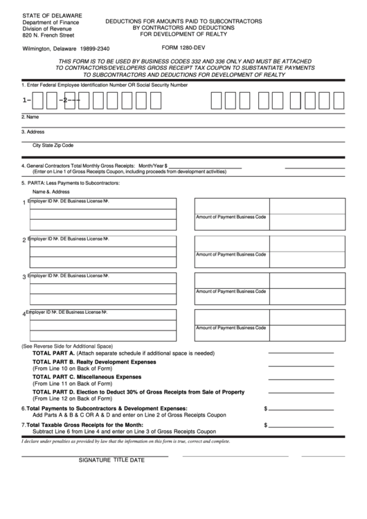 Fillable Form 1280-Dev - Deductions For Amounts Paid To Subcontractors By Contractors And Deductions For Development Of Realty Printable pdf