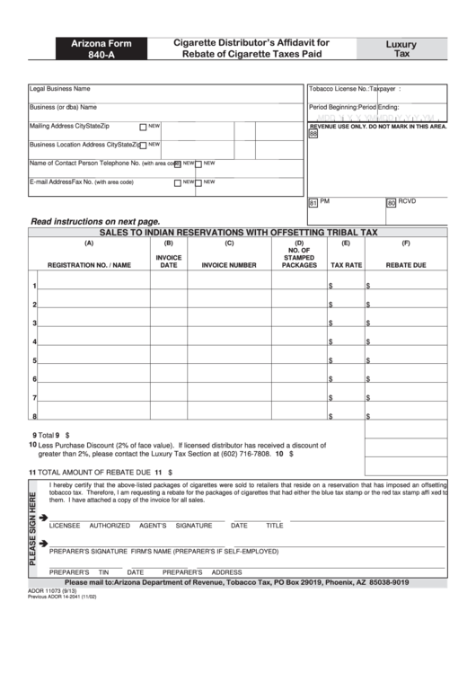Fillable Arizona Form 840 A Cigarette Distributor S Affidavit For 