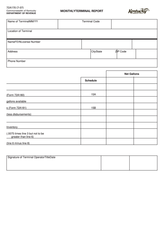 Fillable Form 72a170 - Monthly Terminal Report Printable pdf