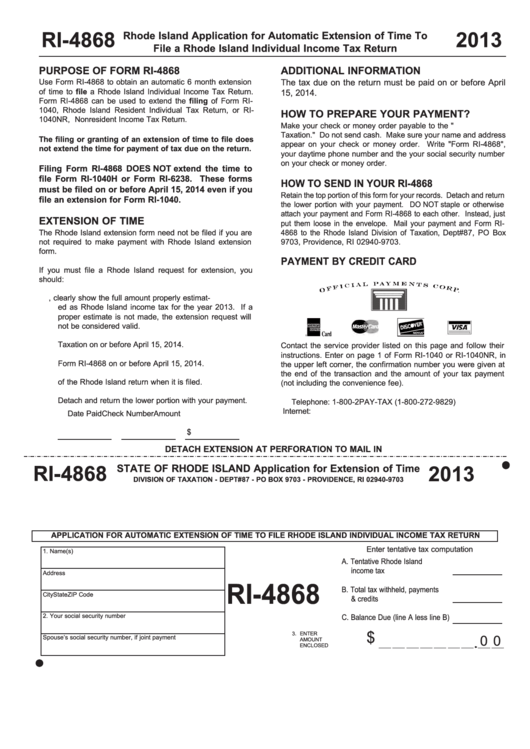 Form Ri-4868 - Rhode Island Application For Extension Of Time - 2013 Printable pdf