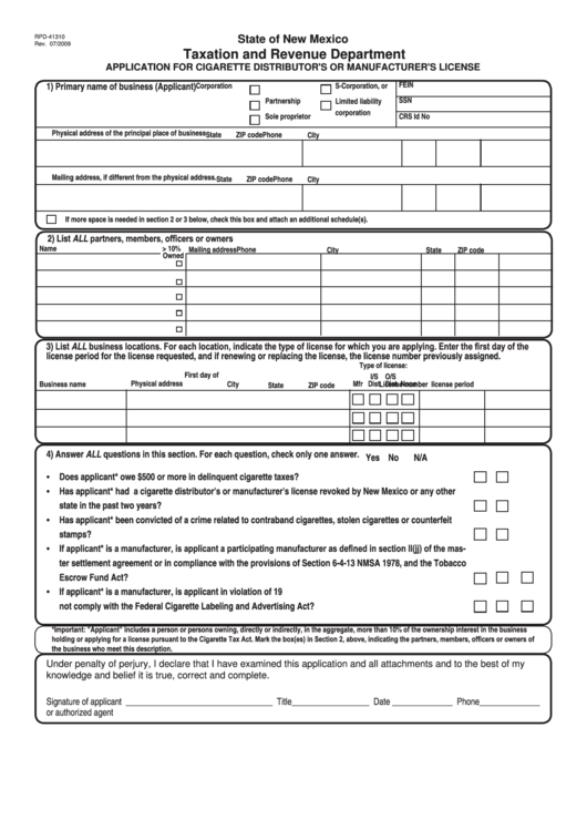 Form Rpd-41310 - Taxation And Revenue Department Printable pdf