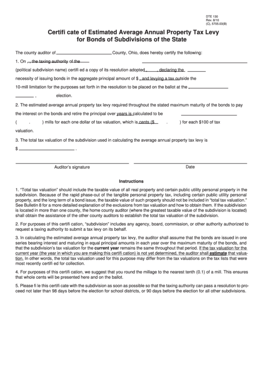 Fillable Form Dte 130 - Certifi Cate Of Estimated Average Annual Property Tax Levy For Bonds Of Subdivisions Of The State Printable pdf