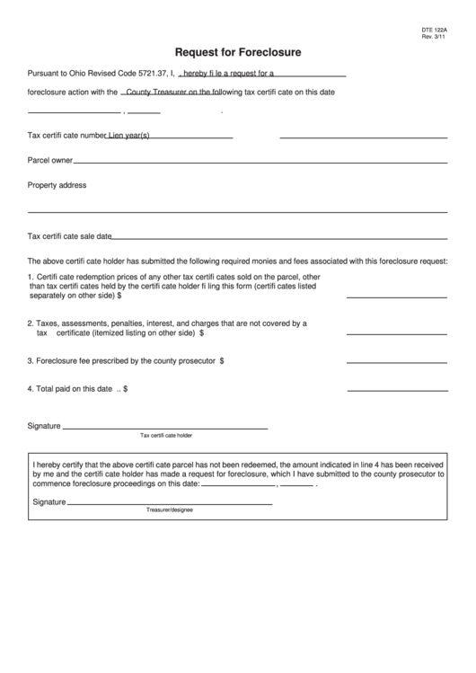 Fillable Form Dte 122a - Request For Foreclosure Printable pdf