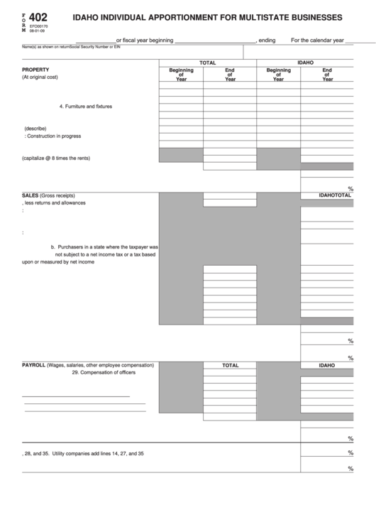 Fillable Form 402 - Idaho Individual Apportionment For Multistate Businesses Printable pdf