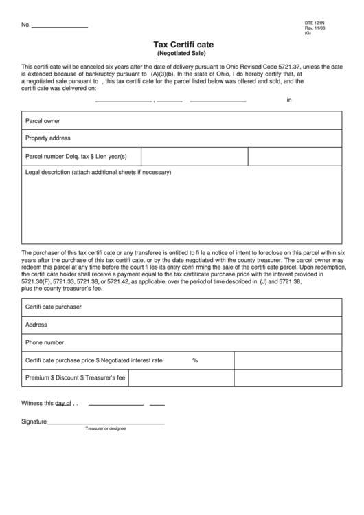Fillable Form Dte 121n - Tax Certifi Cate (Negotiated Sale) Printable pdf