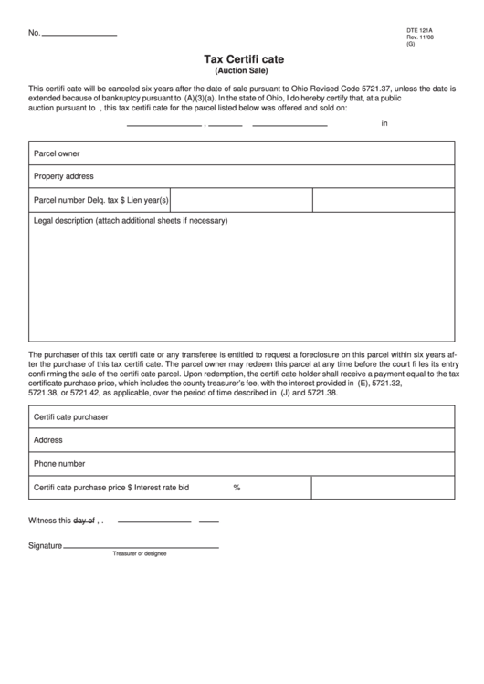 Fillable Form Dte 121a - Tax Certifi Cate (Auction Sale) Printable pdf