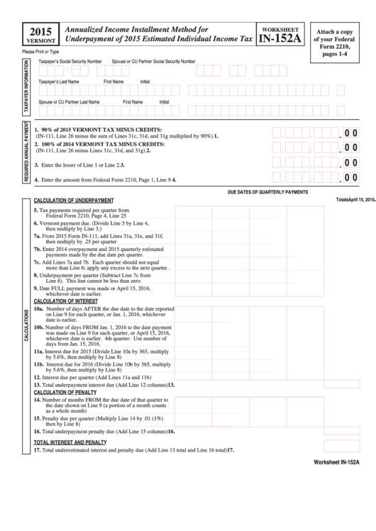 Worksheet In-152a - Annualized Income Installment Method For Underpayment Of 2015 Estimated Individual Income Tax - 2015 Printable pdf