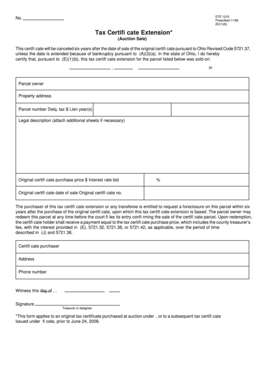 Fillable Form Dte 121e - Tax Certifi Cate Extension* (Auction Sale) Printable pdf