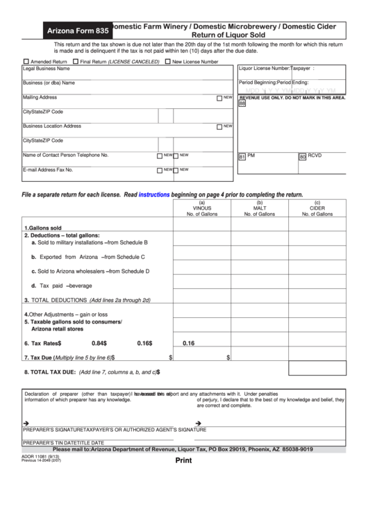 Fillable Arizona Form 835 - Domestic Farm Winery / Domestic Microbrewery / Domestic Cider Return Of Liquor Sold Printable pdf