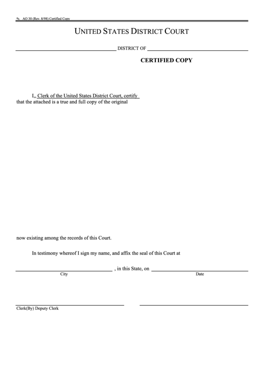 Fillable Form Ao 30 - Certified Copy - United States District Court Printable pdf