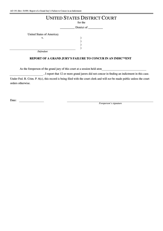 Fillable Form Ao 191 - Report Of A Grand Jury