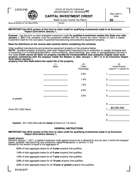 Form Sc Sch.tc 11 - South Carolina Capital Investment Credit Printable pdf