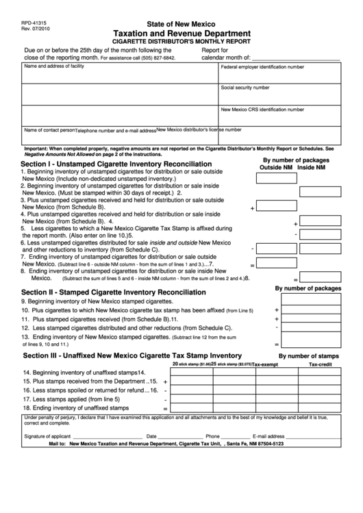 Form Rpd-41315 - Taxation And Revenue Department Printable pdf
