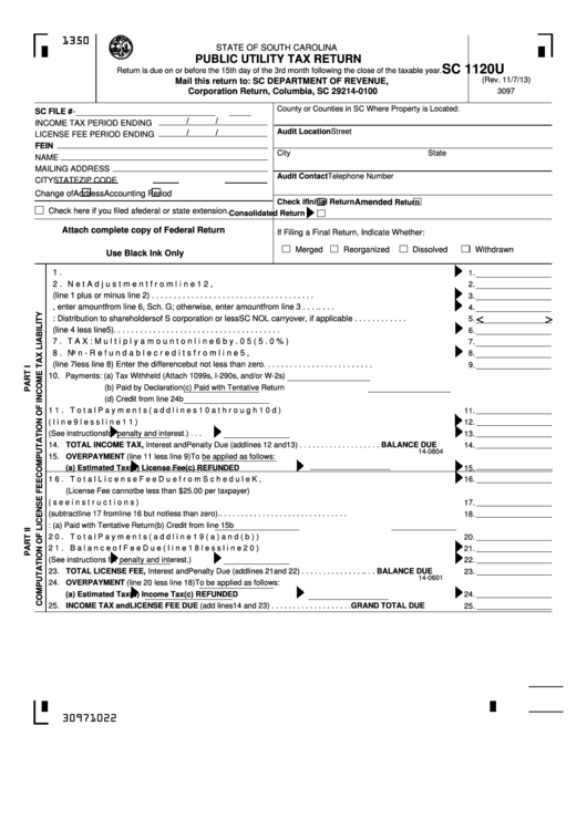Form Sc 1120u - South Carolina Public Utility Tax Return Printable pdf