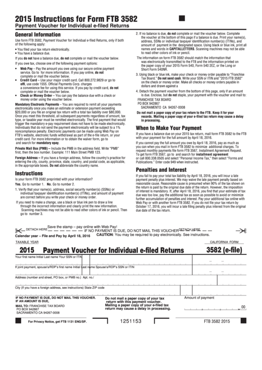 Fillable Form 3582 - California Payment Voucher For Individual E-Filed Returns - 2015 Printable pdf