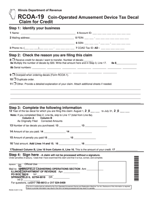 Fillable Form Rcoa-19 - Coin-Operated Amusement Device Tax Decal Claim For Credit Printable pdf