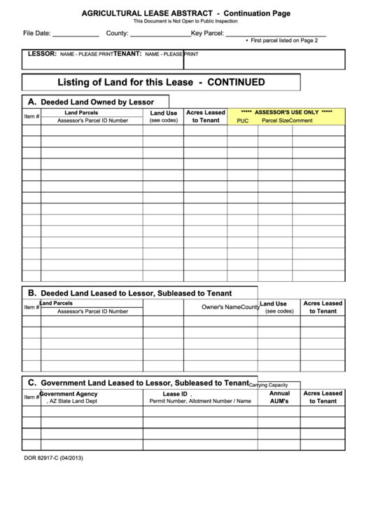 Fillable Form Dor 82917-C - Listing Of Land For This Lease - Continued Printable pdf