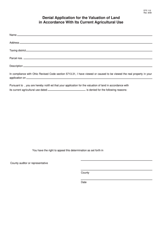 Fillable Form Dte 112 - Denial Application For The Valuation Of Land In Accordance With Its Current Agricultural Use Printable pdf