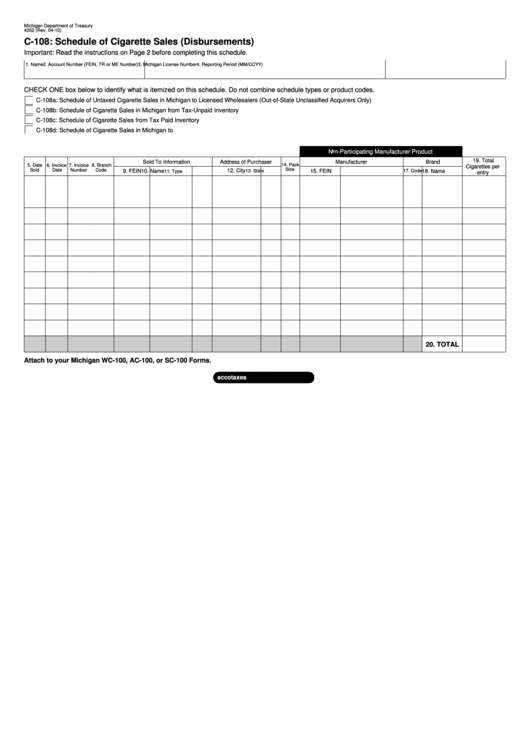 Form 4252 - C-108 Schedule Of Cigarette Sales (Disbursements) Printable pdf