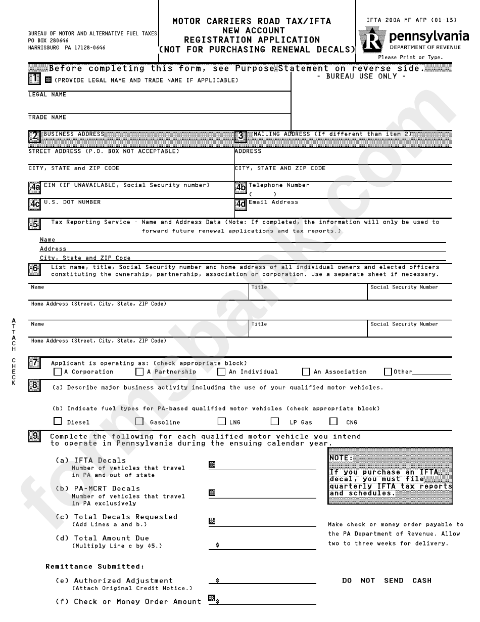 Form Ifta-200a Mf Afp - Motor Carriers Road Tax/ifta New Account Registration Application