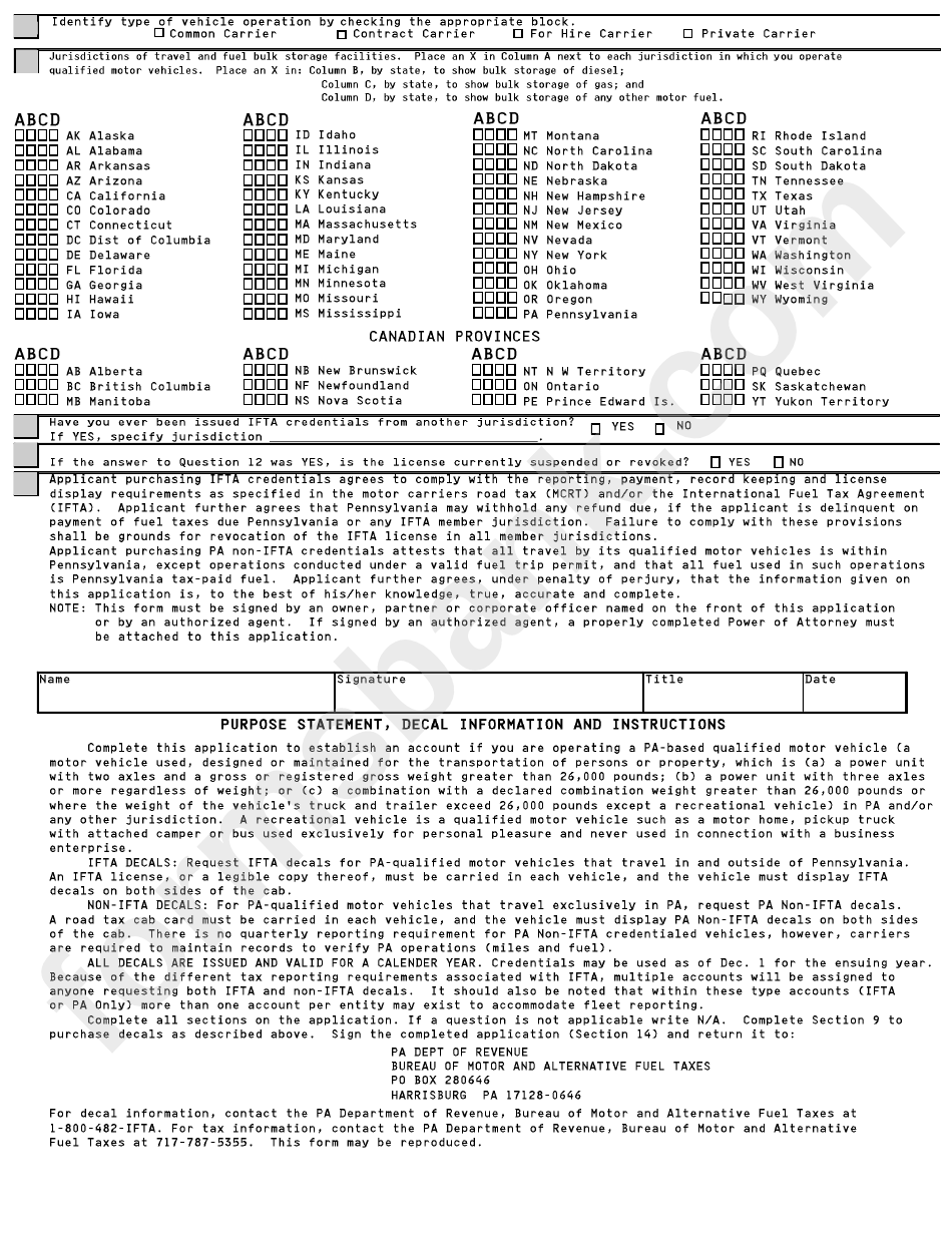 Form Ifta-200a Mf Afp - Motor Carriers Road Tax/ifta New Account Registration Application