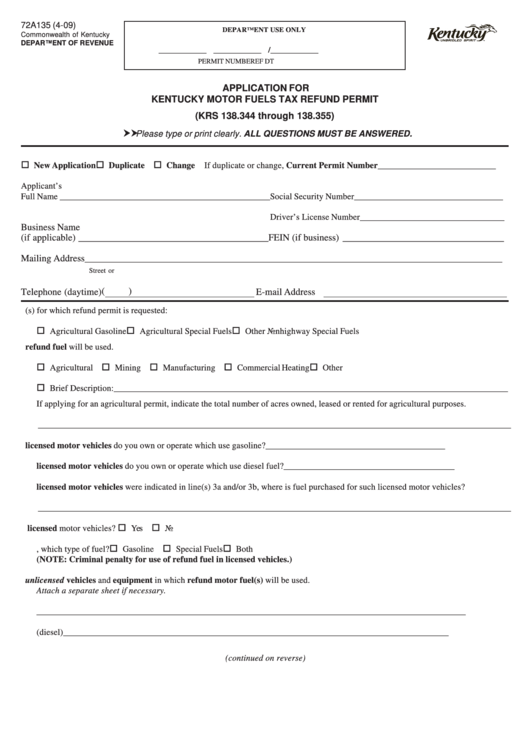 Form 72a135 - Application For Kentucky Motor Fuels Tax Refund Permit Printable pdf