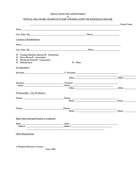 Fillable Form 1069 - Application For Appointment As Official Delaware Cigarette Stamp Affixing Agent Or Wholesale Dealer Printable pdf