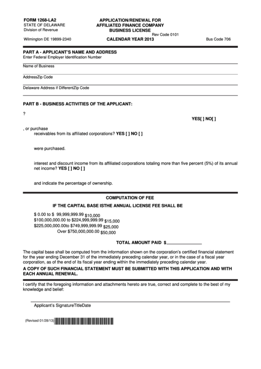 Fillable Form 1268-La2 - Application/renewal For Affiliated Finance Company Business License - 2013 Printable pdf