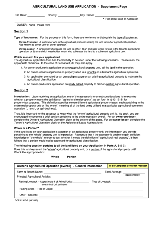Fillable Form Dor 82916-S - Agricultural Land Use Application - Supplement Page Printable pdf