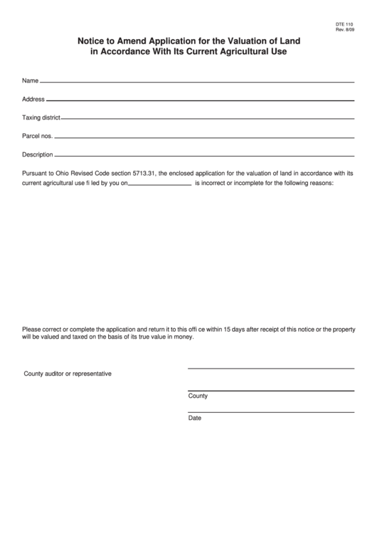 Fillable Form Dte 110 - Notice To Amend Application For The Valuation Of Land In Accordance With Its Current Agricultural Use Printable pdf