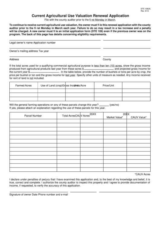 Fillable Form Dte 109(A) - Current Agricultural Use Valuation Renewal Application Printable pdf