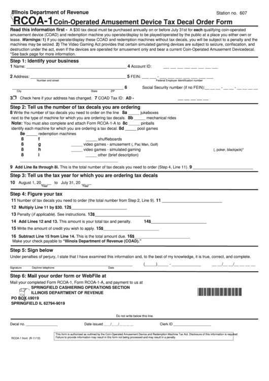 Fillable Form Rcoa-1 - Coin-Operated Amusement Device Tax Decal Order Form Printable pdf