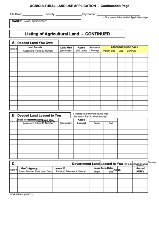 Fillable Form Dor 82916-C - Listing Of Agricultural Land - Continued Printable pdf