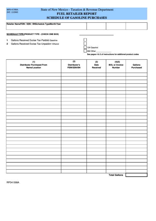 Fillable Form Rpd-41308a - Fuel Retailer Report Schedule Of Gasoline Purchases Printable pdf