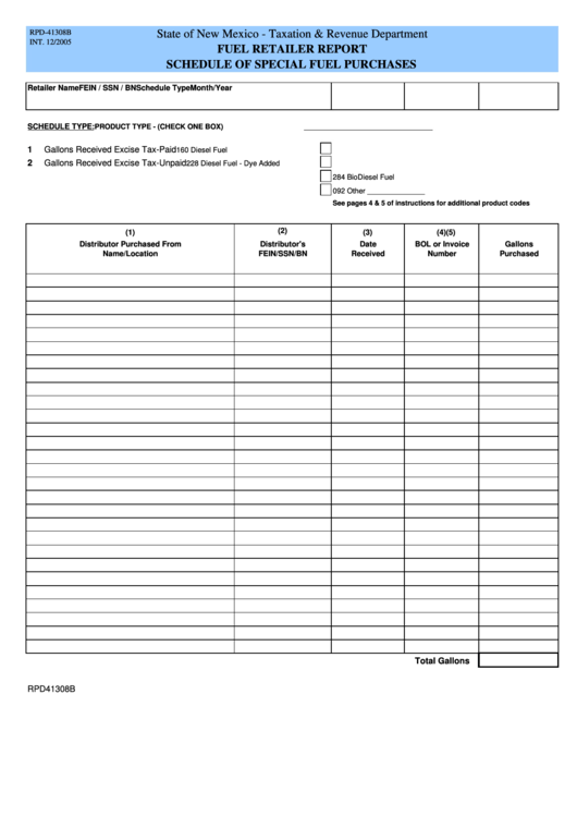 Fillable Form Rpd-41308b - Fuel Retailer Report Schedule Of Special Fuel Purchases Printable pdf
