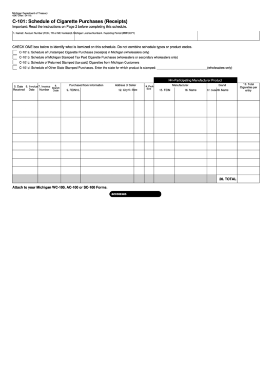 Form 4247 - C-101 Schedule Of Cigarette Purchases (Receipts) Printable pdf