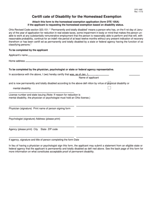 Fillable Form Dte 105e Certificate Of Disability For The Homestead 