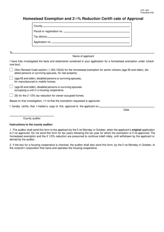Fillable Form Dte 105f - Homestead Exemption And 22% Reduction Certifi Cate Of Approval Printable pdf