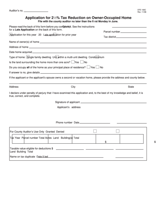 Fillable Form Dte 104c - Application For 21/2 % Tax Reduction On Owner-Occupied Home Printable pdf