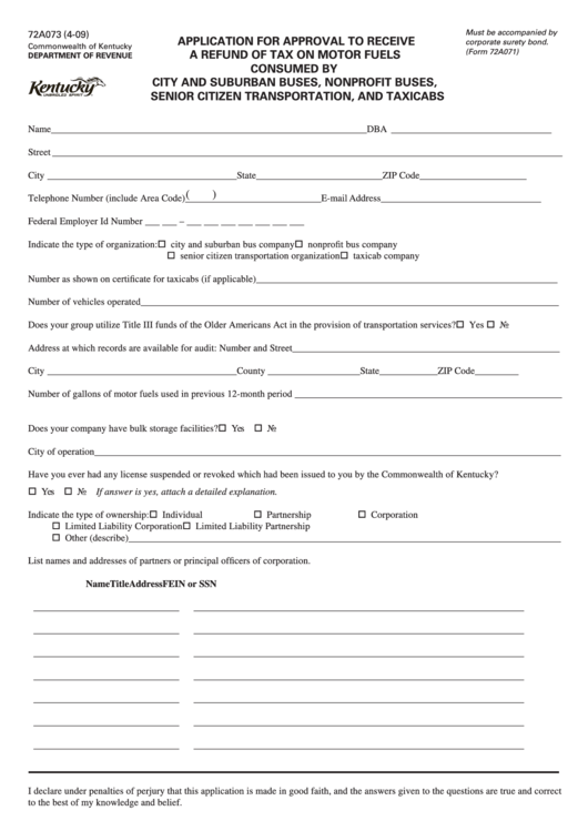 Form 72a073 - Application For Approval To Receive A Refund Of Tax On Motor Fuels Consumed By City And Suburban Buses, Nonprofit Buses, Senior Citizen Transportation, And Taxicabs Printable pdf