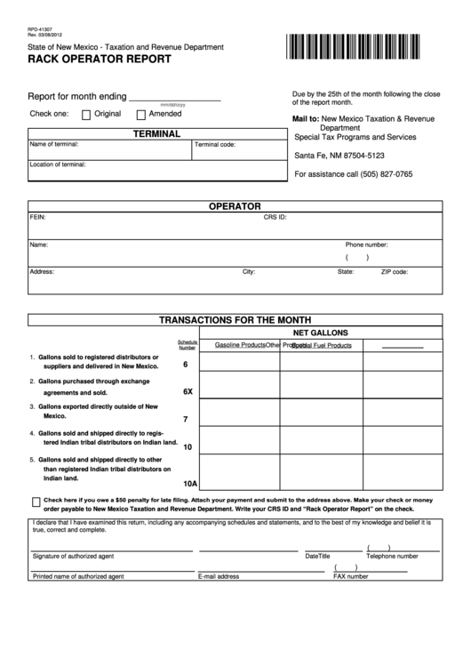 Form Rpd-41307 - Rack Operator Report Printable pdf