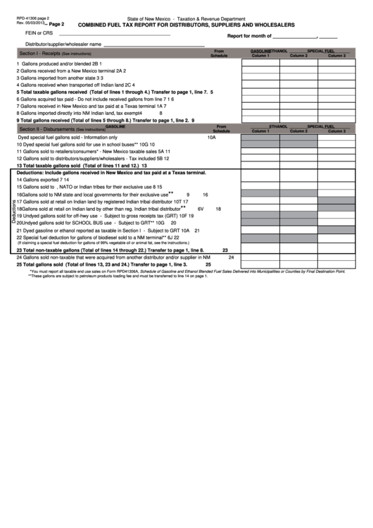 Fillable Form Rpd-41306 - Combined Fuel Tax Report For Distributors, Suppliers And Wholesalers Printable pdf