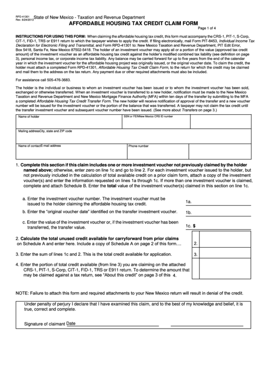 Fillable Form Rpd-41301 - Affordable Housing Tax Credit Claim Form Printable pdf
