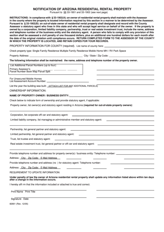 Fillable Form 82901 - Notification Of Arizona Residential Rental Property Printable pdf