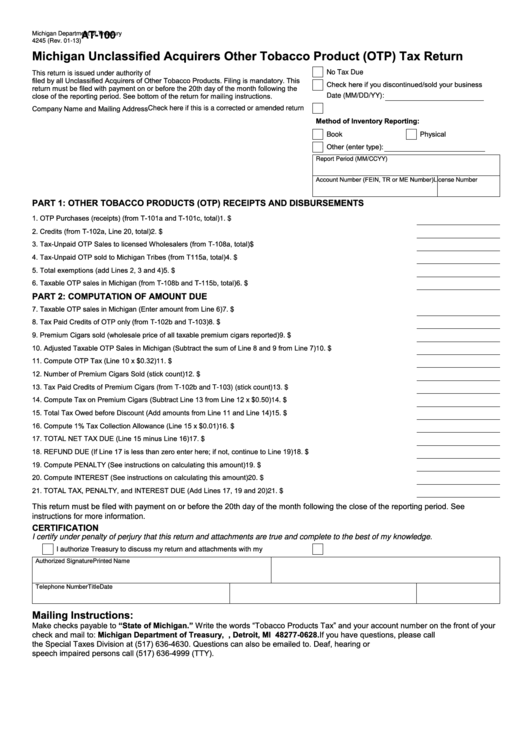 Form At-100 - Michigan Unclassified Acquirers Other Tobacco Product (Otp) Tax Return Printable pdf