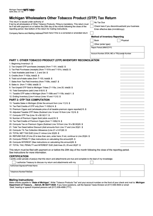 Form Wt-100 - Michigan Wholesalers Other Tobacco Product (Otp) Tax Return Printable pdf