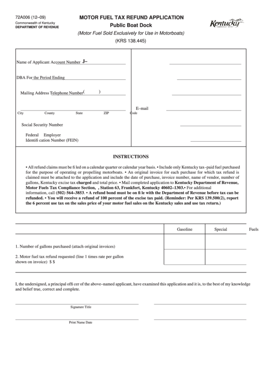 Form 72a006 - Motor Fuel Tax Refund Application Public Boat Dock (Motor Fuel Sold Exclusively For Use In Motorboats) (Krs 138.445) Printable pdf
