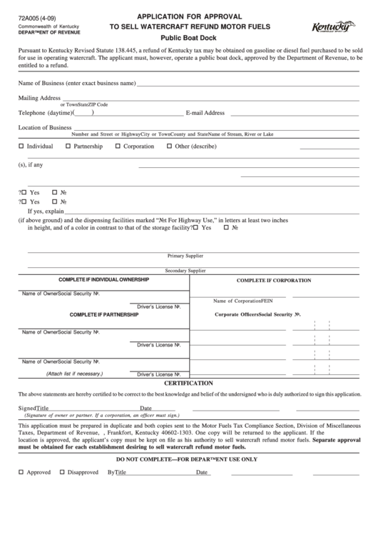 Form 72a005 - Application For Approval To Sell Watercraft Refund Motor Fuels Printable pdf